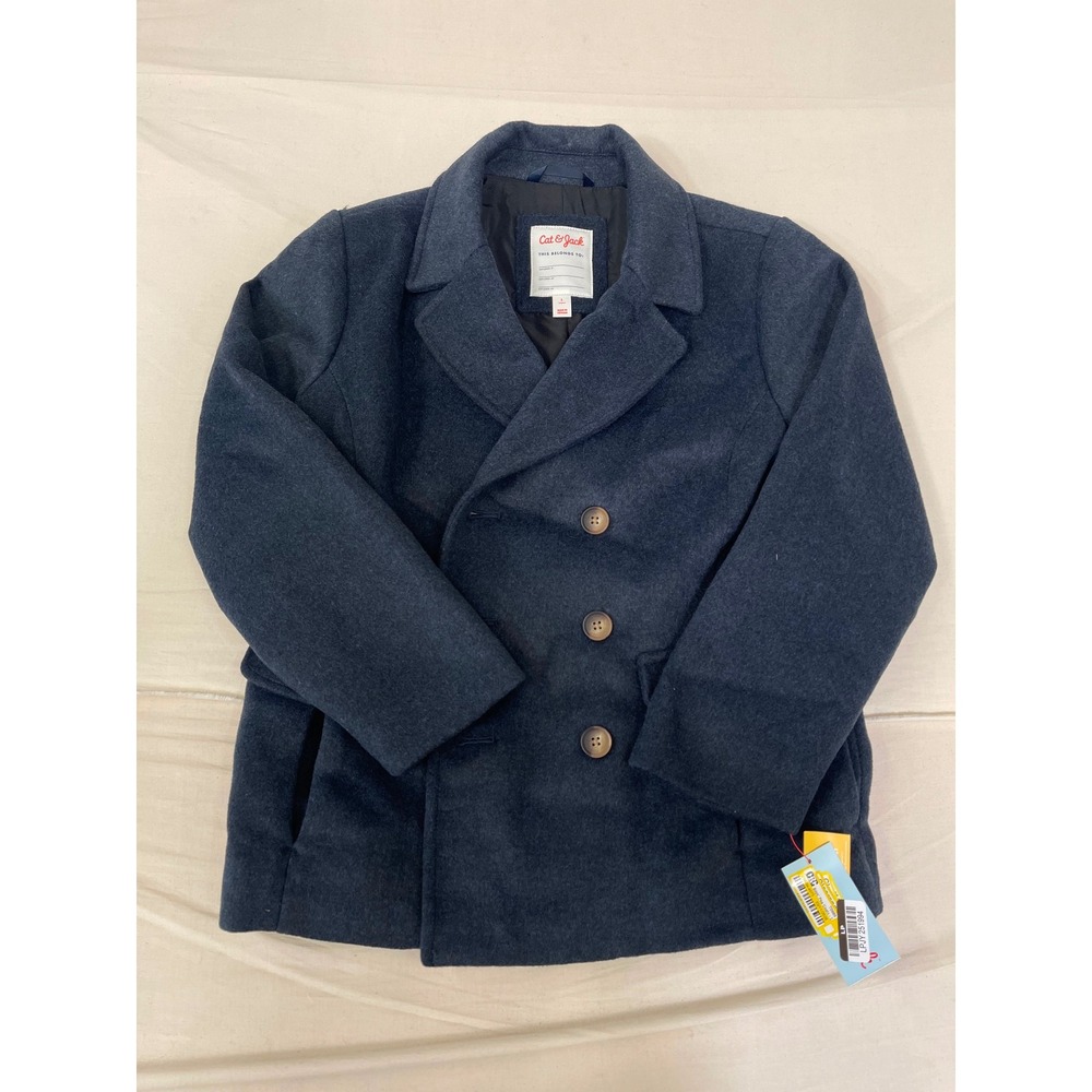 Cat & Jack Boys Navy Blue Double Breasted Pea Coat Jacket Size L 12-14 NWT